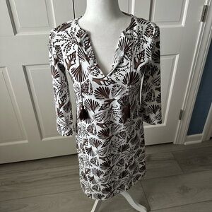 Persifor Women's White & Brown V neck Shell patterned w/tassles Midi Dress